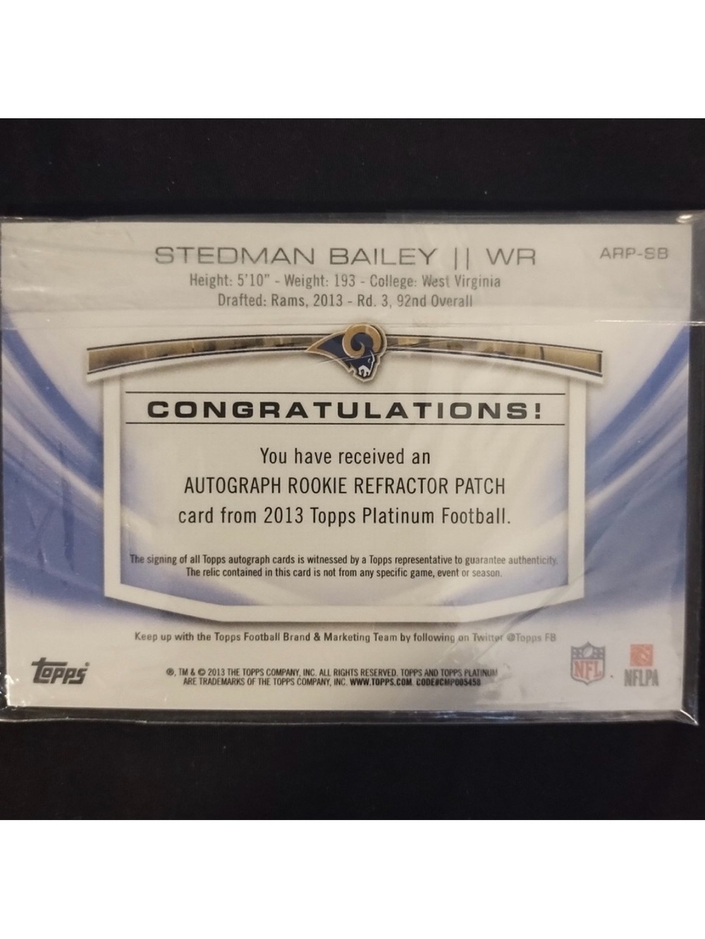 Rams 2013 Rookie Stedman Bailey Topps Platinum Autograph Refractor Patch Card